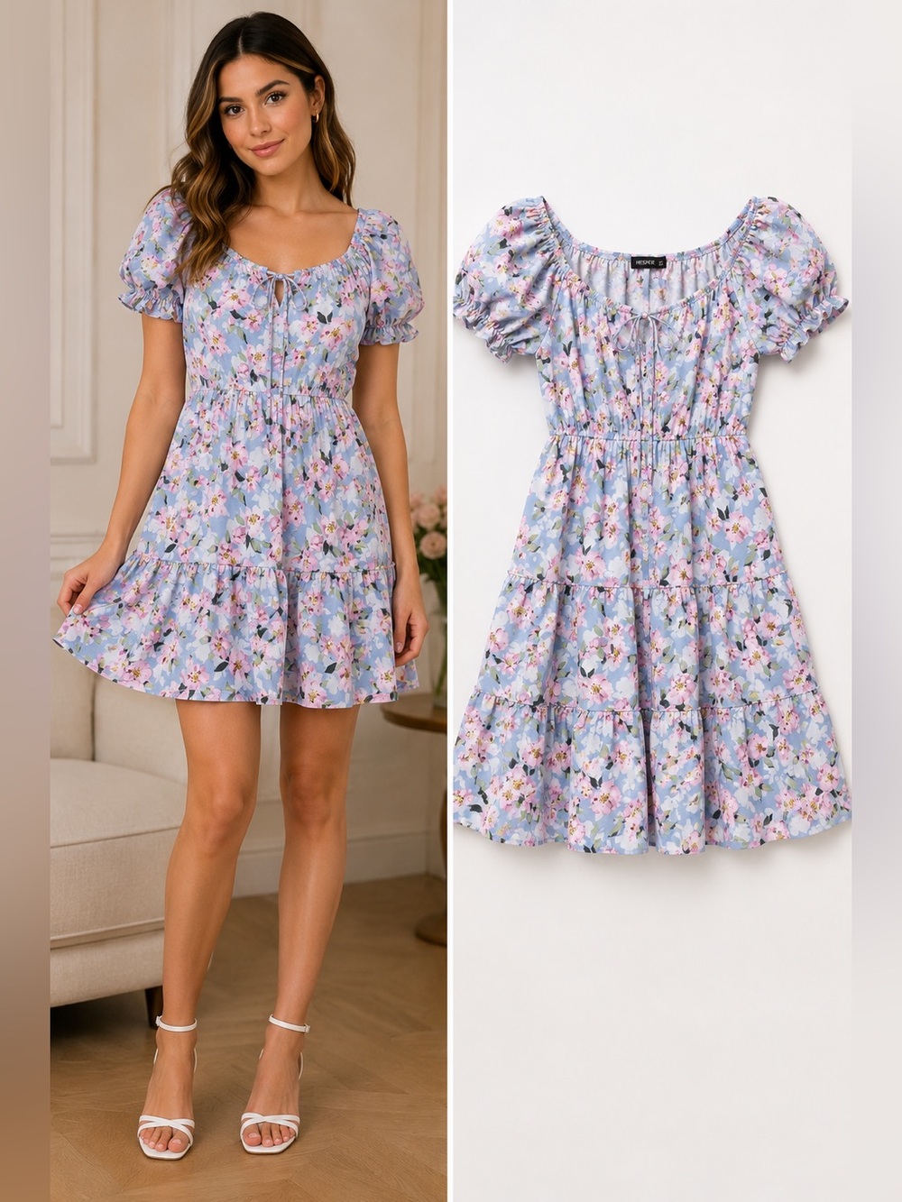 Hesperus Women’s Blue Floral Off Shoulder Puff Sleeve Mini Dress Size L